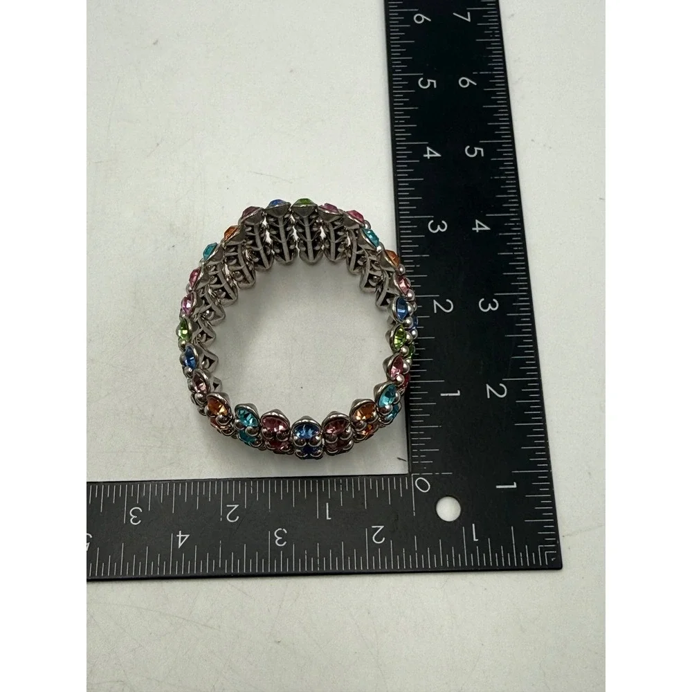 Multi Color Rhinestone Stretch Bracelet Silver Tone 4 Row Rainbow Crystal Cuff